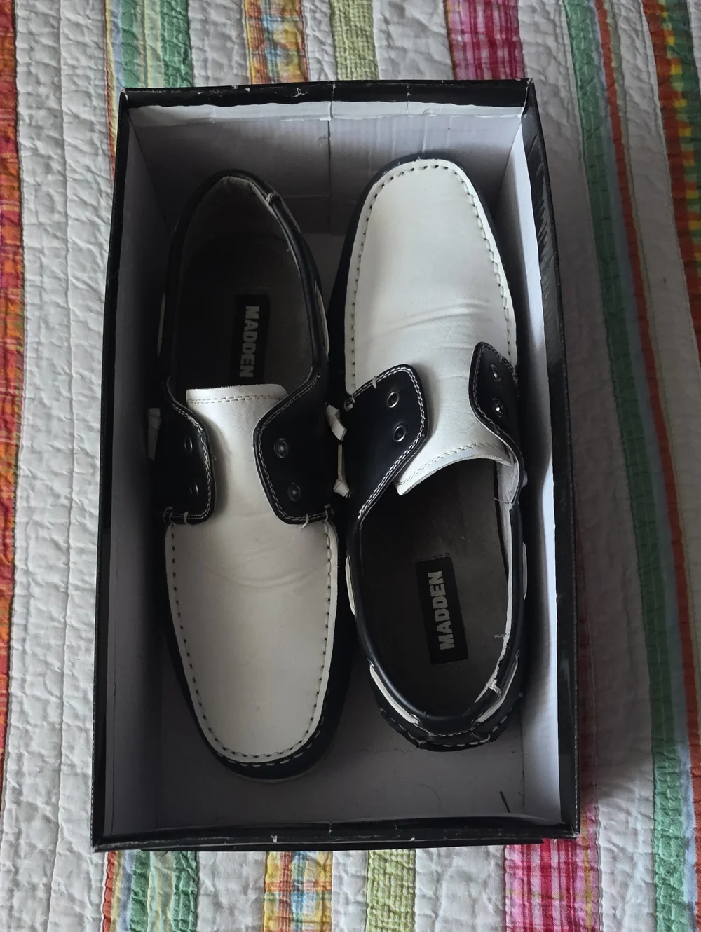 Men's Madden White Black Blue Slip-On Boat Shoes